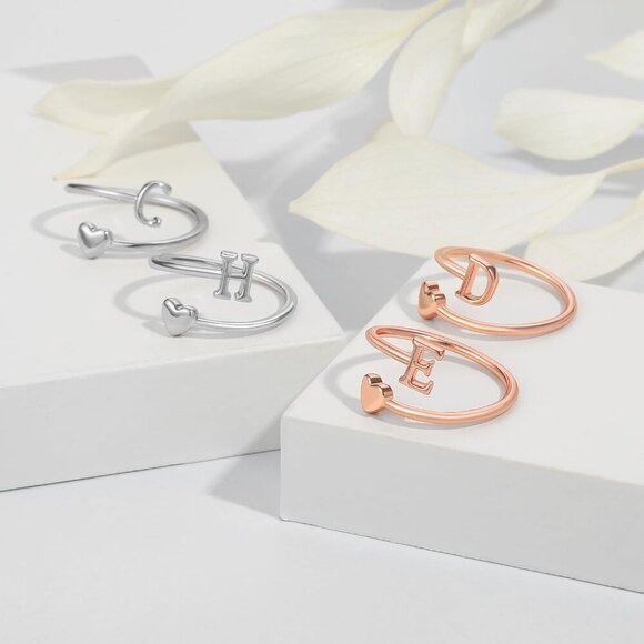Heart Initial Rings for Women Teen Girls, Stackable Rings Cute Dainty Adjustable - Picture 8 of 8